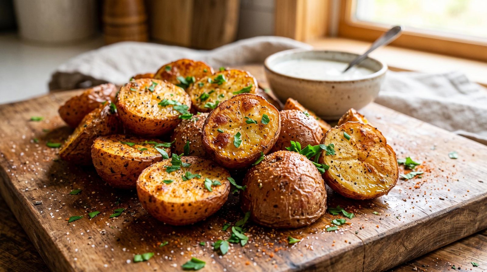 Golden brown air fryer potato slices dusted with savory spices, served on a plate with dipping sauce.