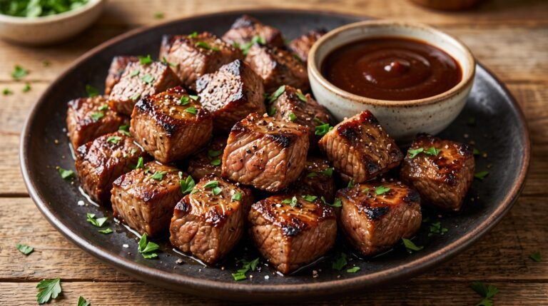 Golden brown air fryer steak bites served alongside a small bowl of barbecue dipping sauce.