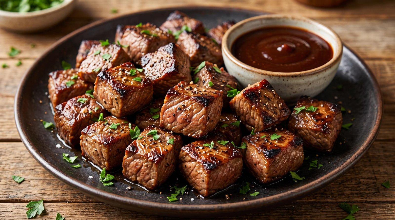 Golden brown air fryer steak bites served alongside a small bowl of barbecue dipping sauce.
