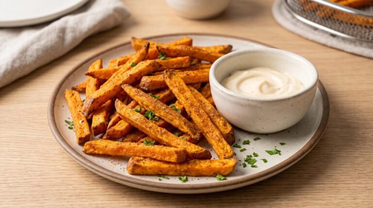 Crispy sweet potato fries seasoned with spices and served on a plate with a small bowl of mayo dipping sauce.