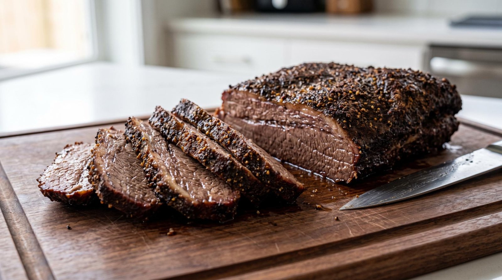Sliced air fryer brisket on a cutting board showing a dark, seasoned crust and a tender interior.
