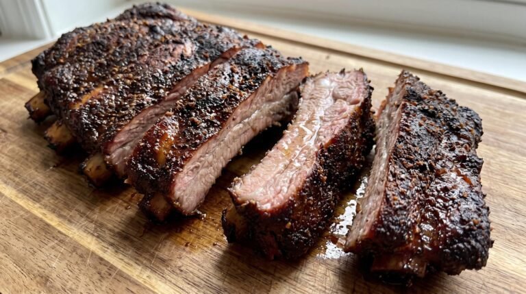 Sliced Air Fryer Beef Back Ribs with a dark, crusty coffee rub on a wooden cutting board