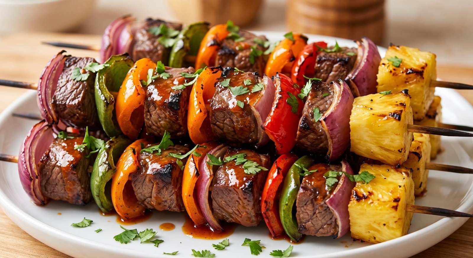 Close-up of freshly cooked beef kabobs on a white plate, featuring juicy chunks of sirloin, roasted red, green, and orange bell peppers, red onions, and caramelized pineapple, lightly garnished with chopped cilantro.