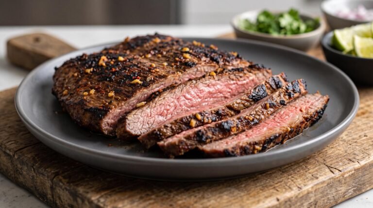 Juicy, sliced air fryer flank steak showing a charred exterior and tender center, resting on a cutting board.